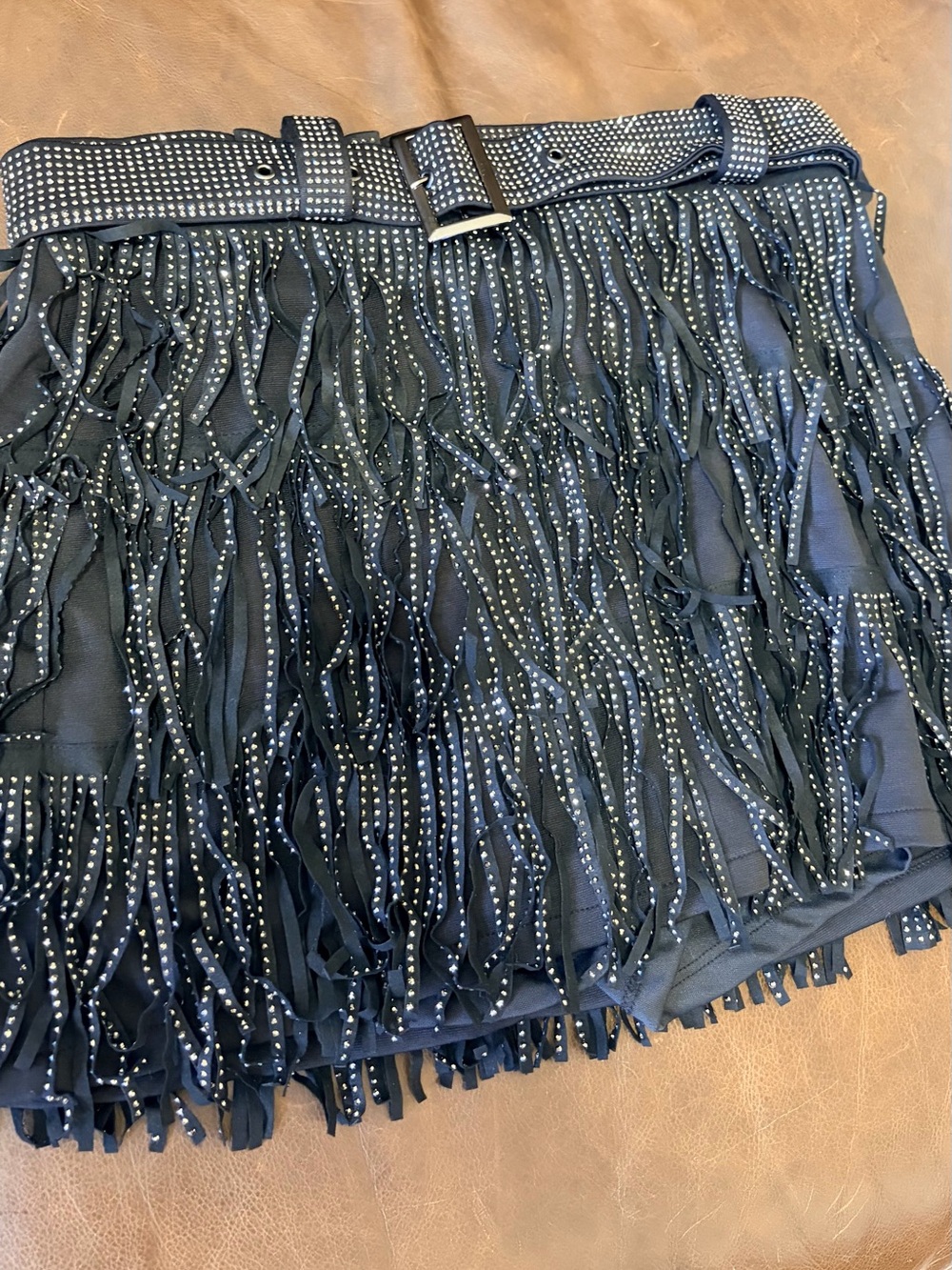 Black Studded Fringe Mini Skort with Studded Belt